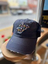 Load image into Gallery viewer, WV Navy Distressed Trucker Hat - Chevron Fabric
