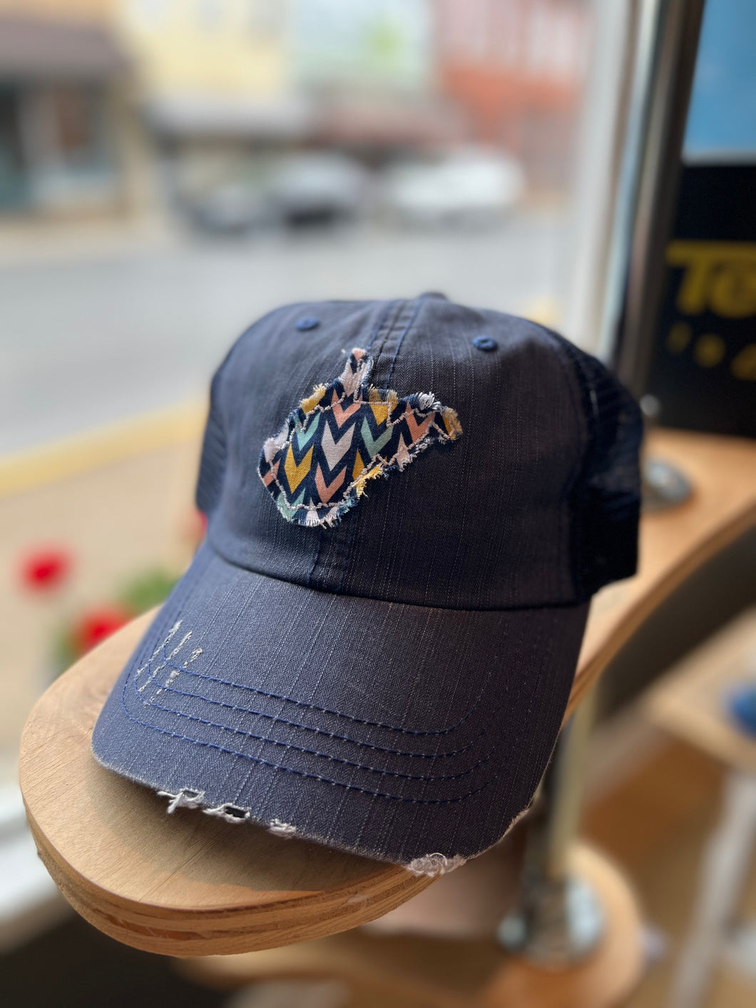 WV Navy Distressed Trucker Hat - Chevron Fabric