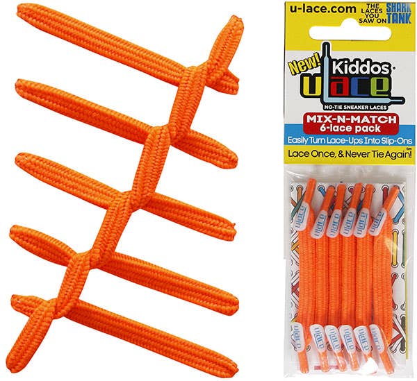 U-Lace Kiddos - No-Tie Laces - 6-Lace Pack - Neon Orange